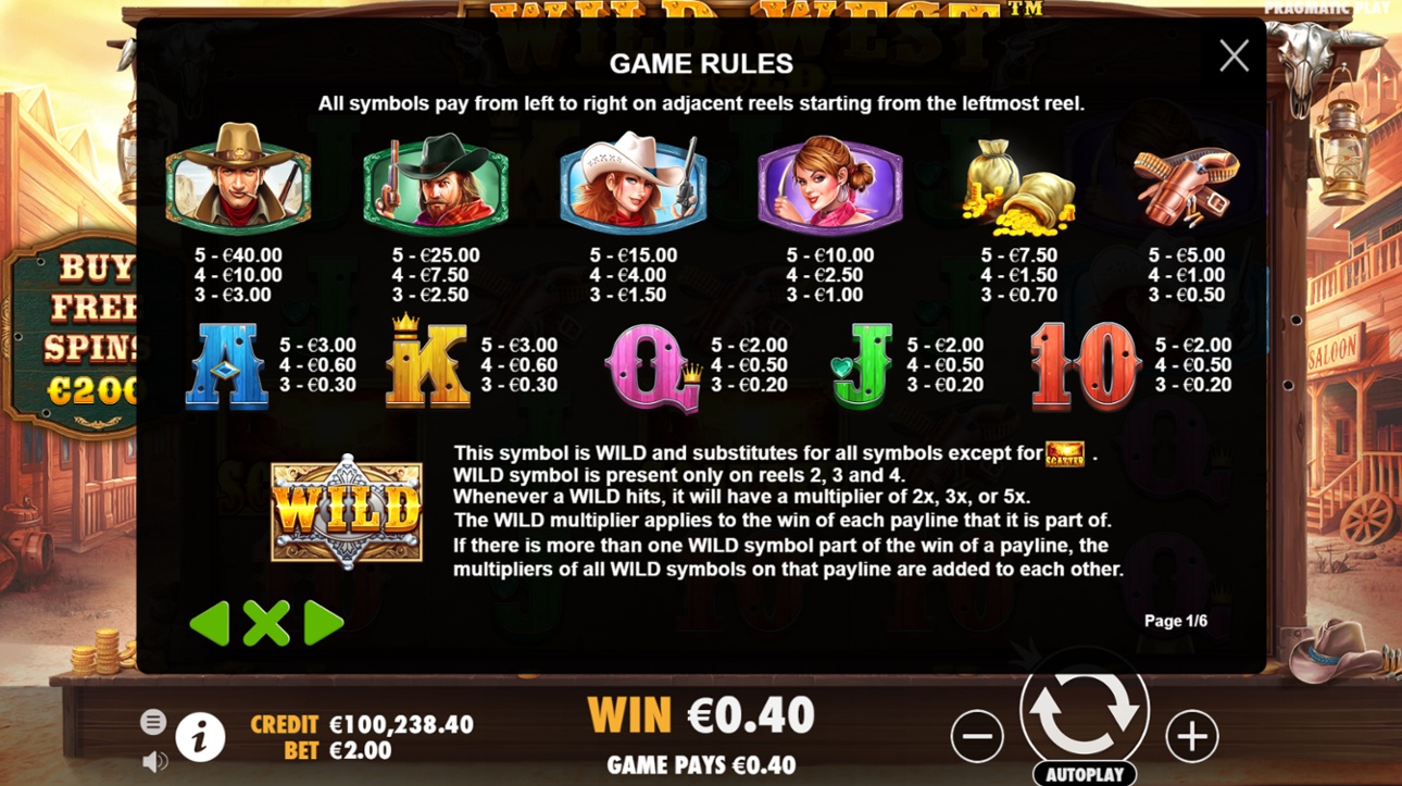 Wild West Gold slot paytable