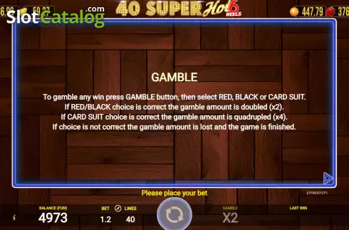 Game Rules screen. 40 Super Hot 6 Reels slot